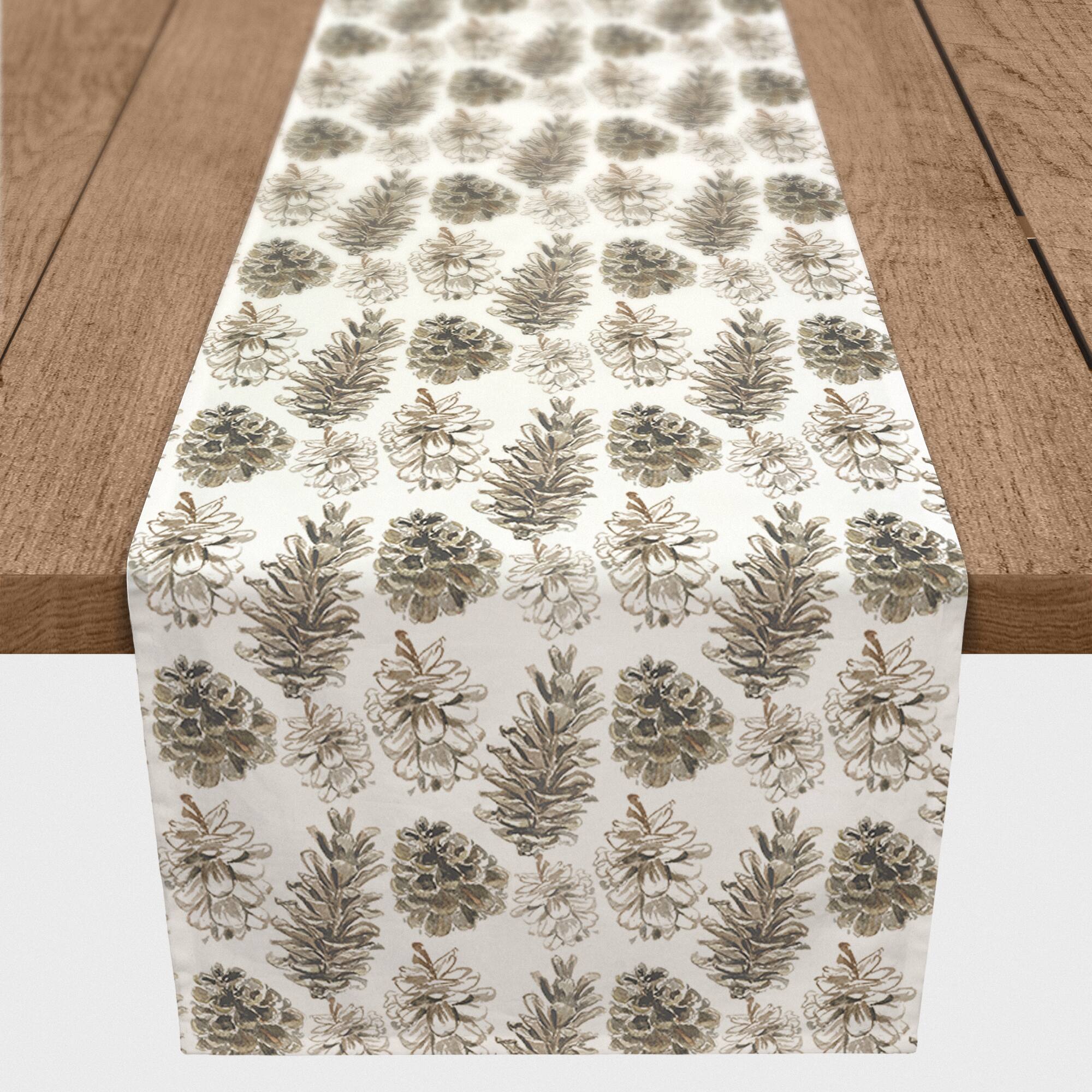 72" White & Brown Pinecones Cotton Twill Runner